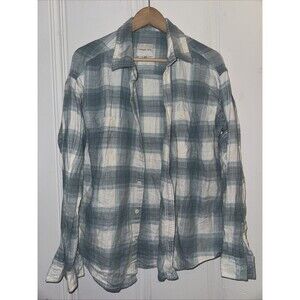 American Eagle Mens Teal Blue Hooded Chest Pocket Plaid Button Up Shirt Size M